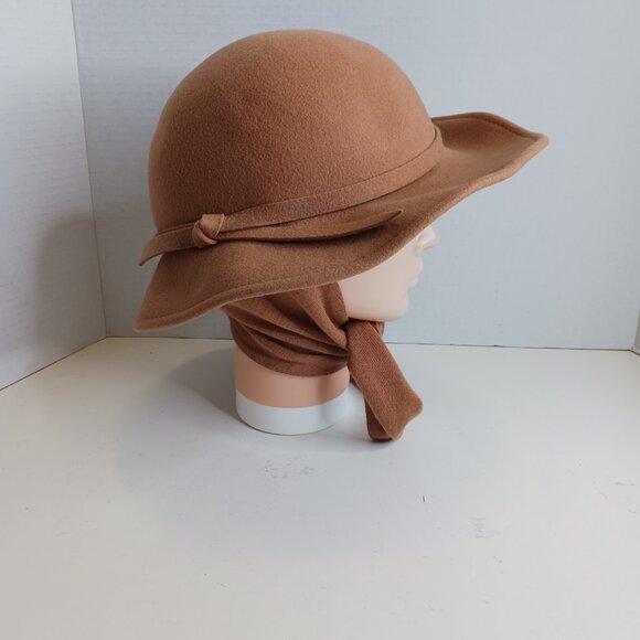 Vintage Women\'s Brown 100% Wool Pillbox Derby Scarf Hat Classy Camel